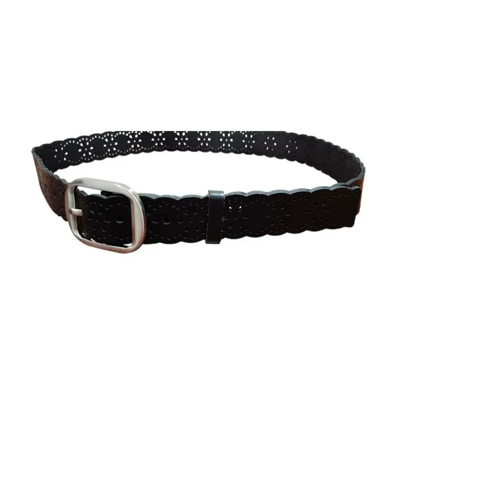 Black Leather Scalloped Cutout Belt Floral Laser Cut Silver Buckle Women Sze48in